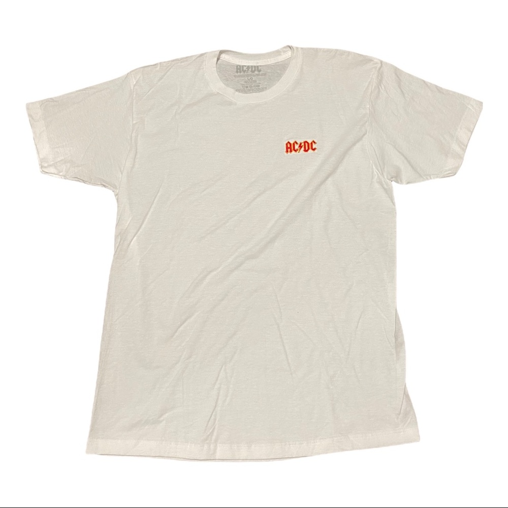 AC/DC Rock Band Red Yellow Embroidered Logo White T-Shirt Size Large Tee Shirt